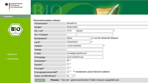 Screenshot in der Unternehmendatenbank des Bio-Siegels. Klick führt zu Großansicht im neuen Fenster.