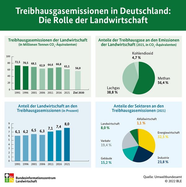 Infografik mit Zahlen zu den Treibhausgasemissionen der deutschen Landwirtschaft. Klick führt zu Großansicht in neuem Fenster.