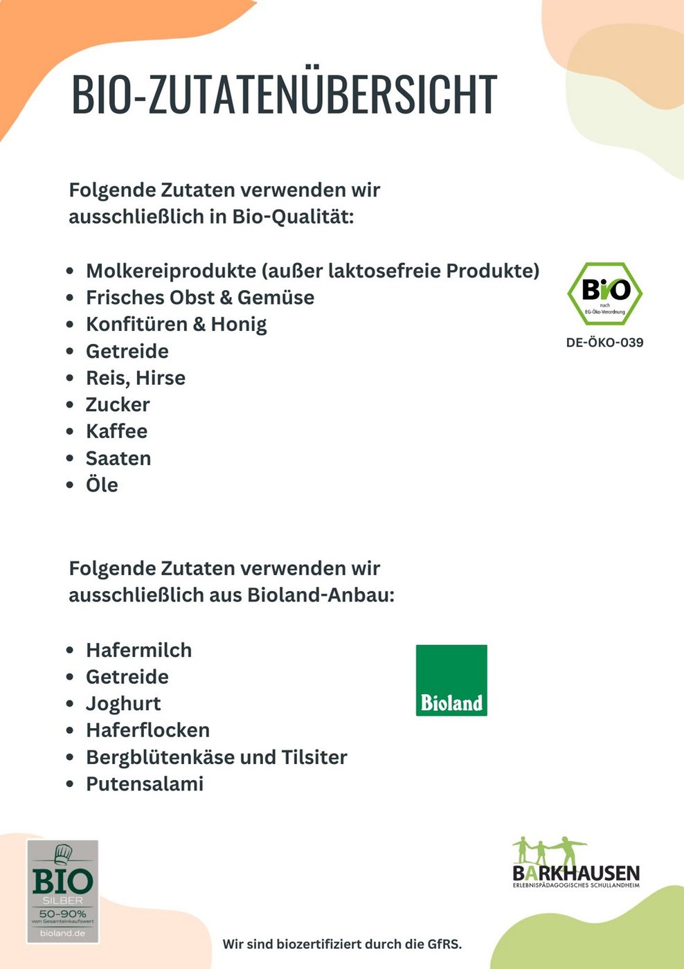 Zutatenliste im Schullandheim Barkhausen. Klick führt zu Großansicht in neuem Fenster.