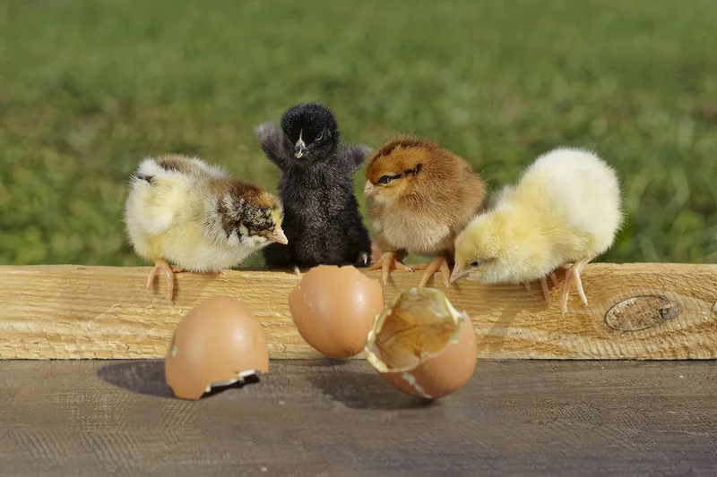 Küken in verschiedenen Farben sowie aufgebrochene Eierschalen im Vordergrund.
