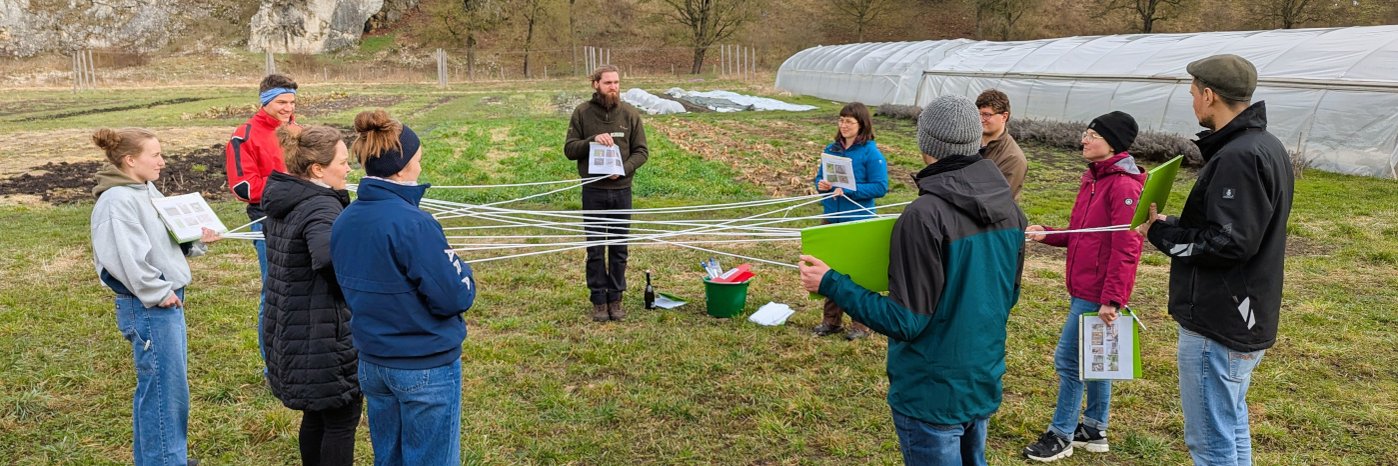 Auszubildende spielen ein Lernspiel auf einer Wiese.
