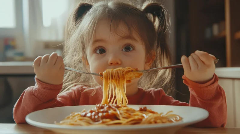 Kleinkind beim Spaghetti essen.