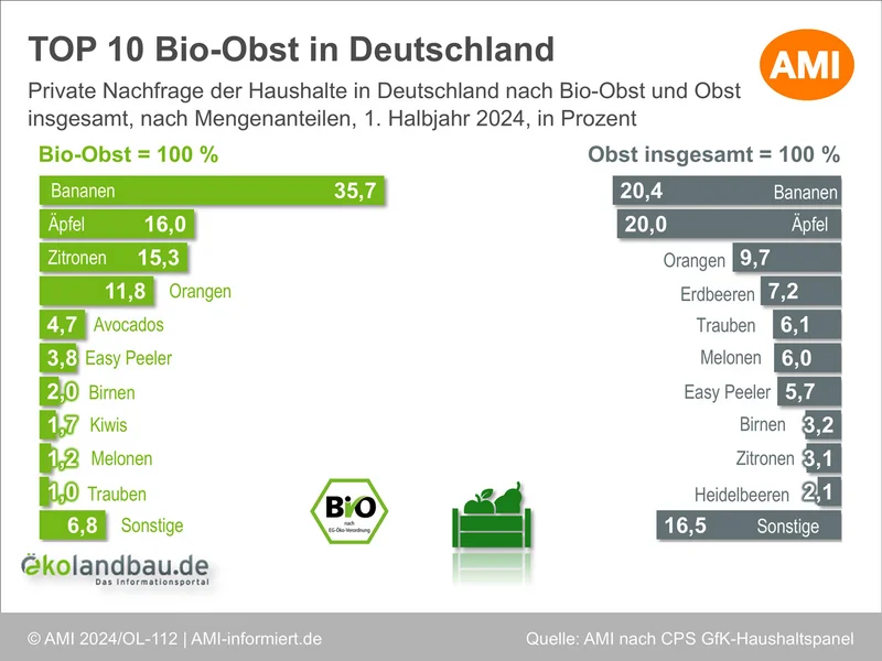 Private Nachfrage der Haushalte in Deutschland nach Bio-Obst und Obst insgesamt nach Mengenanteilen im ersten Halbjahr 2024 in Prozent. Klick führt zu Großansicht in neuem Fenster.