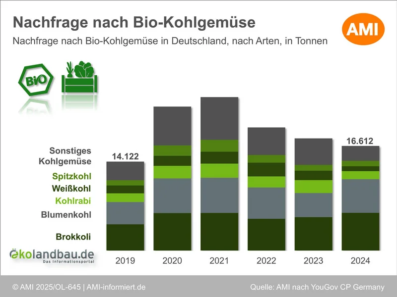 In dem gestapelten Säulendiagramm stellt jede Säule ein Jahr von 2019 bis 2024 dar. Die Segmente der Säule stehen für einzelne Kohlarten: Brokkoli, Blumenkohl, Kohlrabi, Weißkohl, Spitzkohl und sonstiges Kohlgemüse. Die Nachfrage nach Bio-Kohl in Deutschland erreicht 2020 und 2021 einen Peak. Klick führt zu Großansicht in neuem Fenster, schließen per ESC.