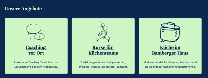 Ein Screenshot der Webseite des Forum Küche. Zu sehen sind pastellgrüne Kacheln auf dunkelblauem Hintergrund. Klick führt zu Großansicht.