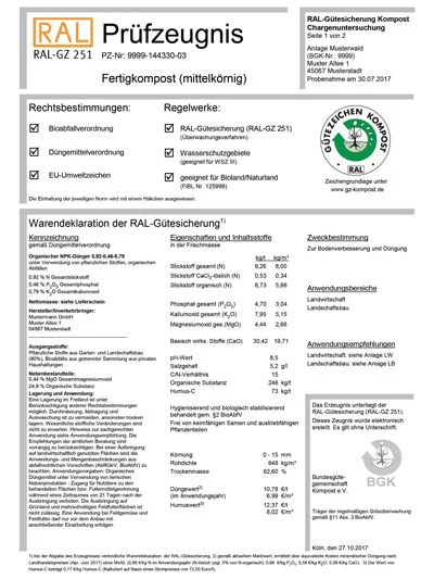 RAL-Prüfzeugnis. Klick führt zu Großansicht in neuem Fenster.