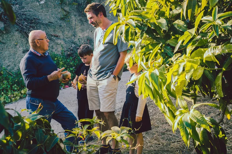 Landwirt und Familie in einer Orangenplantage. Klick führt zu Großansicht in neuem Fenster.