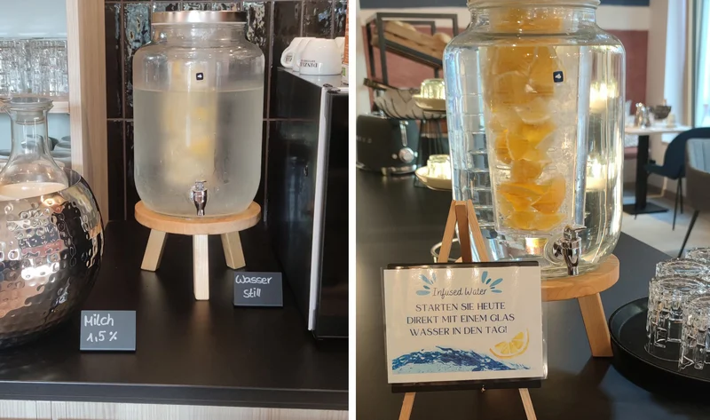 Wasserspender im Frühstücksbuffet einmal ohne und einmal mit Nudging