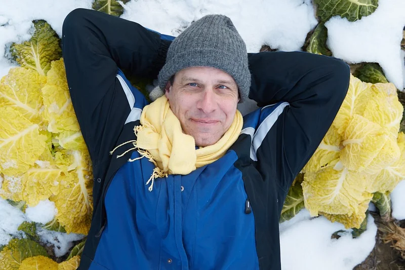 Wolfgang Palme liegend auf Schnee im Feld mit Butterkohl. Klick führt zu Großansicht in neuem Fenster.