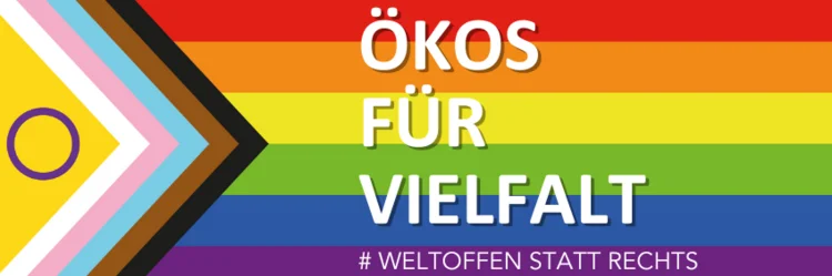  LGBTQ Fahne mit der Aufschrift "Ökos für Vielfalt – #weltoffen statt rechts".