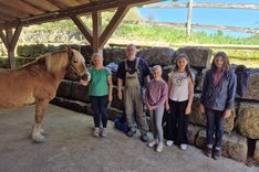 Vier Mädchen und ein Mann in einem Stall mit einem Pferd. Klick führt zu Großansicht.