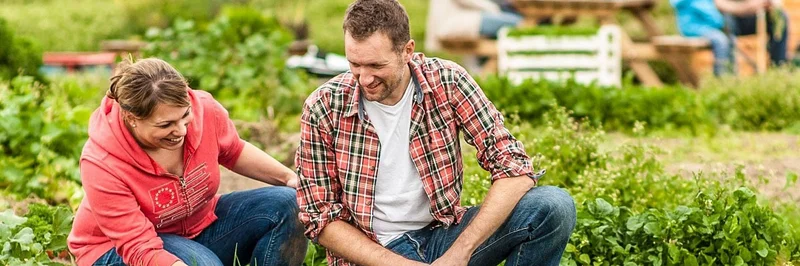 Frau und Mann knien im Gemüsefeld. Foto: Ackerhelden