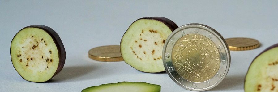 Rollende Münzen und Zucchini-Scheiben. Klick führt zu Großansicht in neuem Fenster.