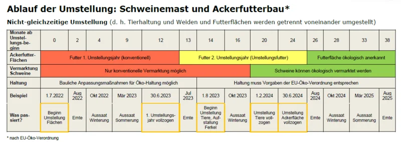 Umstellungszeitplan Schweinemast und Ackerfutterbau. Klick führt zu Großansicht im neuen Fenster.