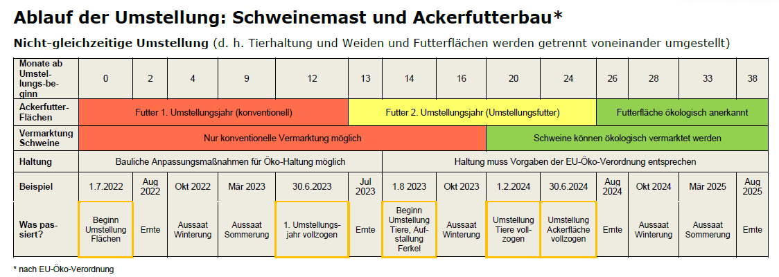Umstellungszeitplan Schweinemast und Ackerfutterbau. Klick führt zu Großansicht im neuen Fenster.