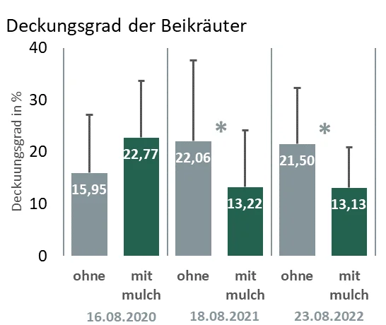 Grafik zur Spätverunkrautung mit und ohne Mulch nach dem Absterben des Kraut. Klick führt zu Großansicht in einer Lightbox. Zum Schließen der Lightbox ESC drücken.