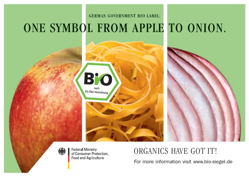 Plakat mit Ausschnitten von Apfel, Nudel und Zwiebel, darüber steht "one symbol from apple to onion"