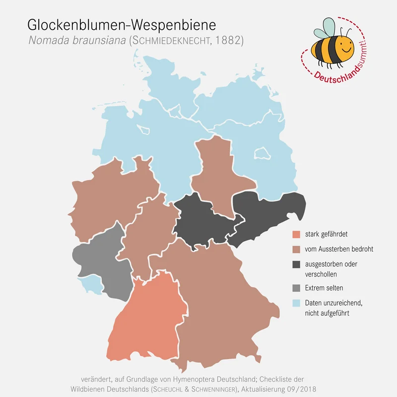 Verbreitungskarte der Glockenblumen-Wepsenbiene in Deutschland. Klick führt zu Großansicht in einer Lightbox. Zum Schließen der Lightbox ESC drücken.