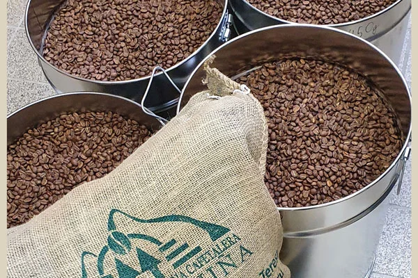 unverpackte Kaffeebohnen in Pfandeimern für Unverpackt-Läden. Klick führt zu Großansicht in neuem Fenster, schließen per ESC.