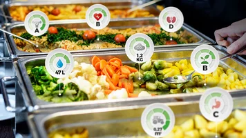 Speisebuffet mit Hinweisschildern auf den ökologischen und gesundheitlichen Fußabdruck.