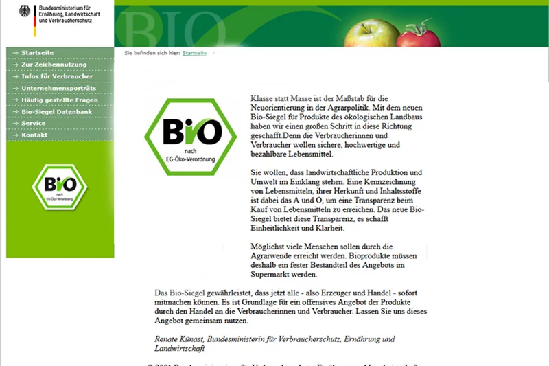 Alte Internetseite von 2021 des Bio-Siegels. Klick führt zu Großansicht in neuem Fenster.
