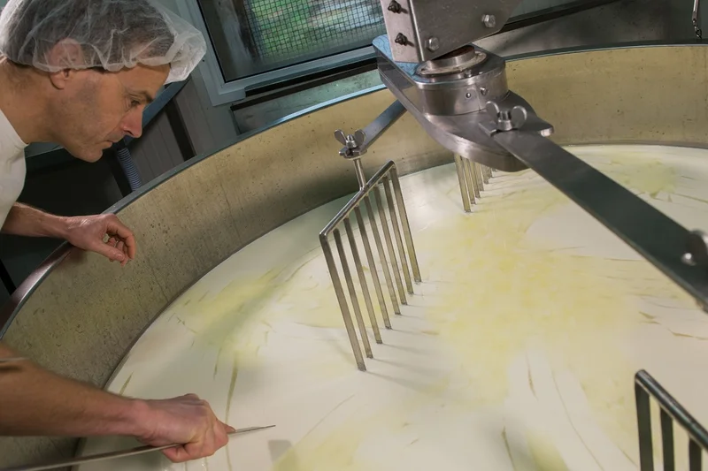 Ein Mann vor einem Kessel, in dem Milch verarbeitet wird. Klick führt zu Großansicht.