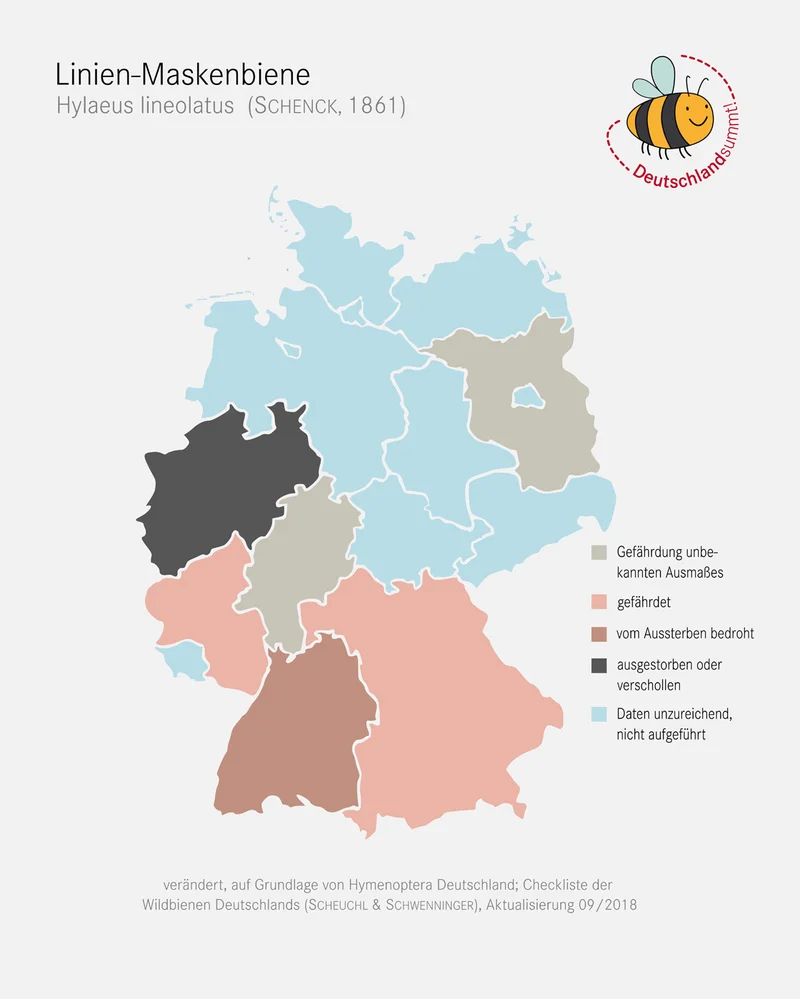 Gefährdungskarte Linien-Maskenbiene. Klick führt zu Großansicht in einer Lightbox. Zum Schließen der Lightbox ESC drücken.