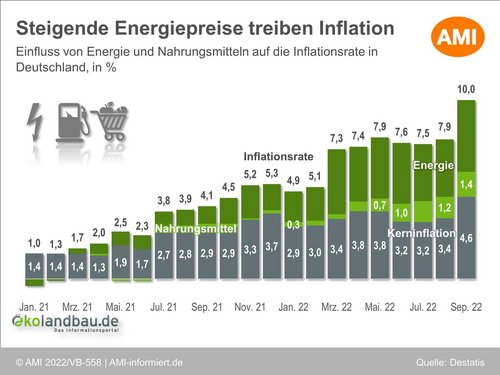 Balkendiagramm zu Entwicklung der Inflationsrate in Deutschland, unterteilt nach den Bereichen Energie, Nahrungsmittel und Kerninflation. Klick führt zu Großansicht in neuem Fenster.