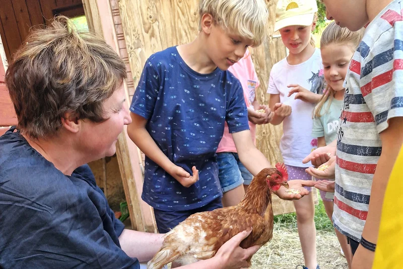 Bäuerin zeigt Kindern ein Huhn. Klick führt zu Großansicht in neuem Fenster.