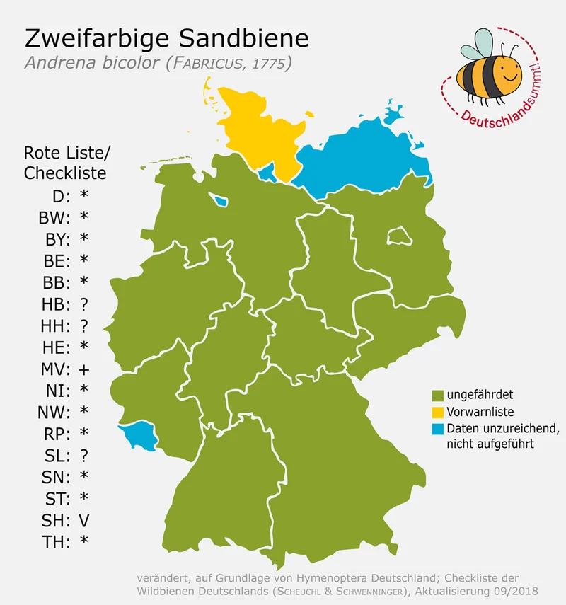 Verbreitungskarte der zweifarbigen Sandbiene. Klick führt zu Großansicht in neuem Fenster.