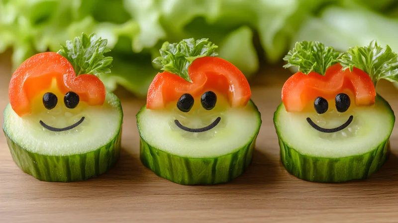 Drei aus Gemüse zusammengebaute Smilies.