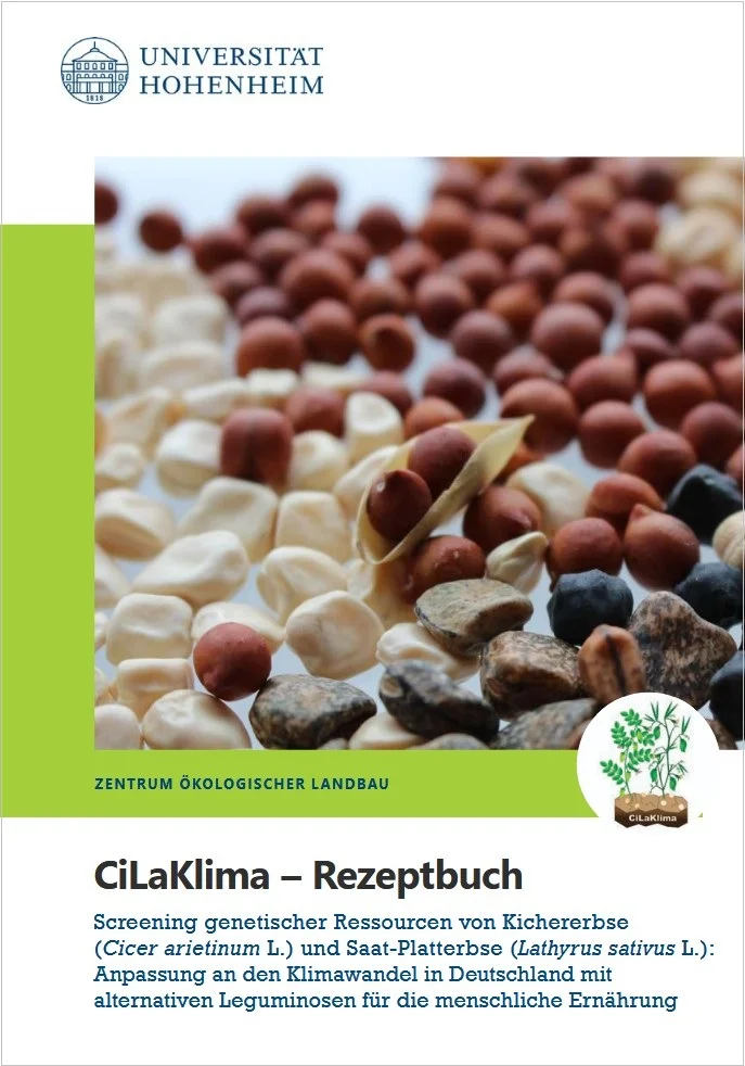 Cover des CiLaKlima Rezeptbuches. Es sind rohe Hülsenfrüchte auf dem Cover zu sehen.