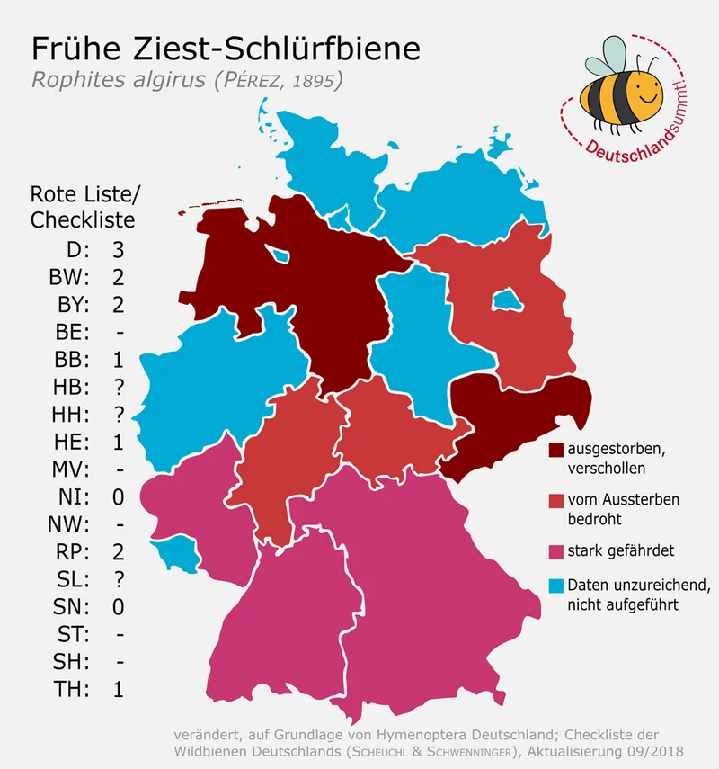 Verbreitungskarte der Frühen Ziest-Schlürfbiene. Klick führt zu Großansicht in neuem Fenster.