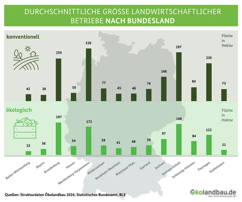 Grafik zur durchschnittlichen Größe landwirtschaftlicher Betriebe in Deutschland in Hektar, aufgelistet nach Bundesland. Klick führt zu Großansicht.
