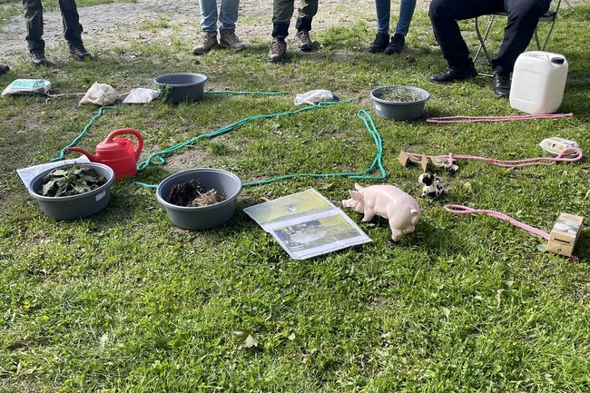 Verschiedene Schalen und Bilder und andere Tools, die auf einer Wiese liegen.