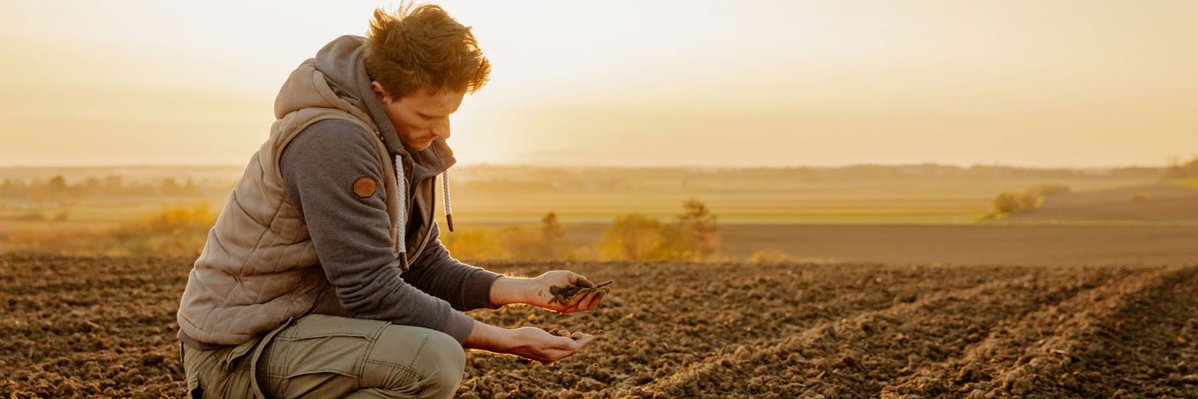 Landwirt kniet auf Ackerboden und untersucht den Boden
