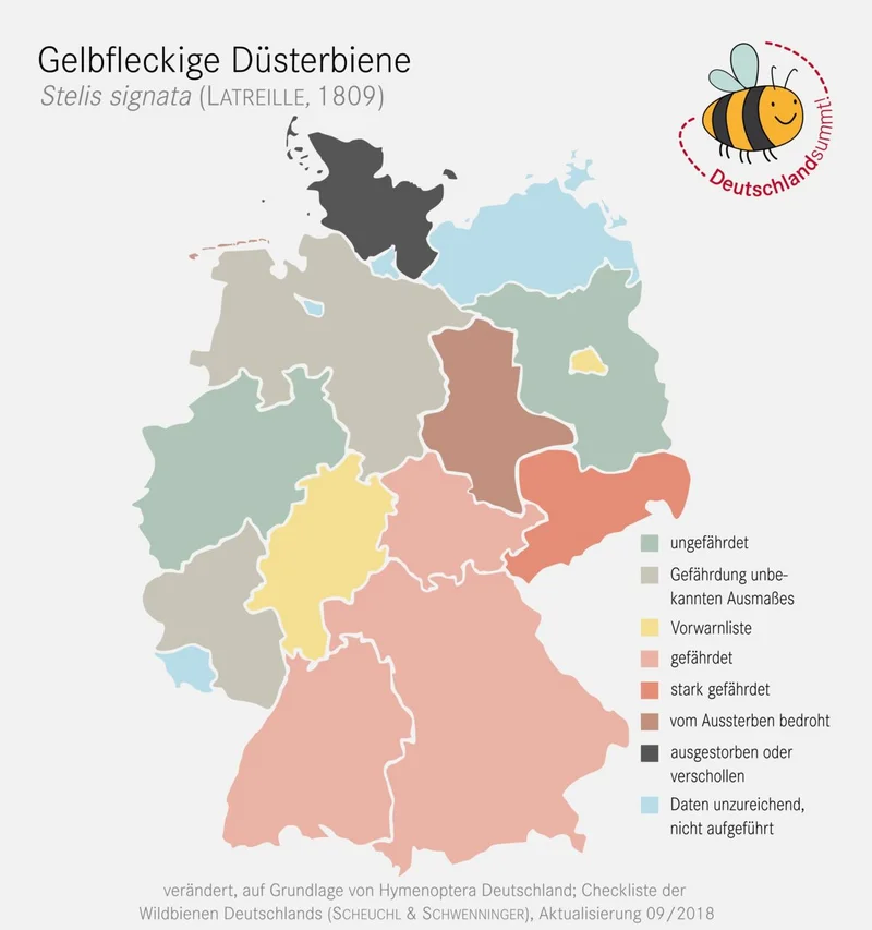 Nachweiskarte und Gefährdung der Gelbfleckigen Düsterbiene. Klick führt zu Großansicht im neuen Fenster.