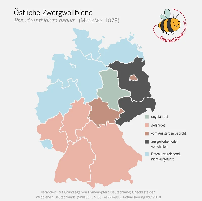 Verbreitungskarte der Östlichen Zwergwollbiene. Klick führt zu Großansicht in neuem Fenster, Schließen per ESC.