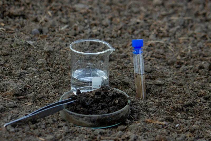 Verschiedene Laborutensilien wie ein Becher und Röhrchen sowie eine Petrischale mit Bodenproben in einem Acker. Klick führt zu Großansicht.