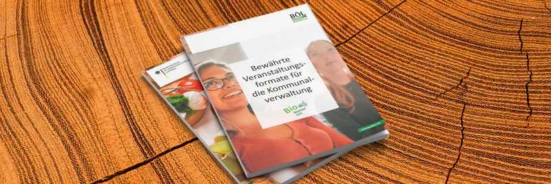 Zwei Broschüren auf einem Holztisch.