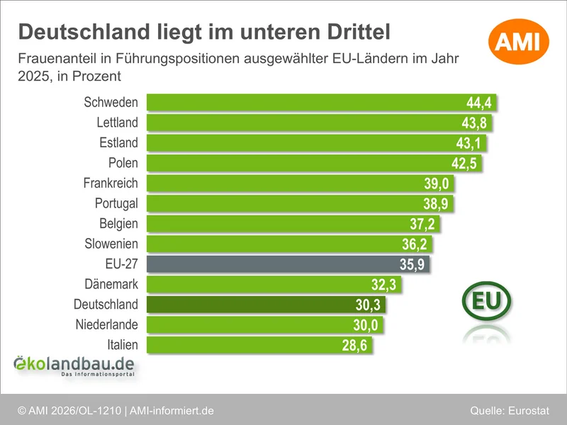 Balkendiagramm: Frauenanteil in Führungspositionen ausgewählter EU-Länder im Jahr 2025. Klick führt zu Großansicht in neuem Fenster.