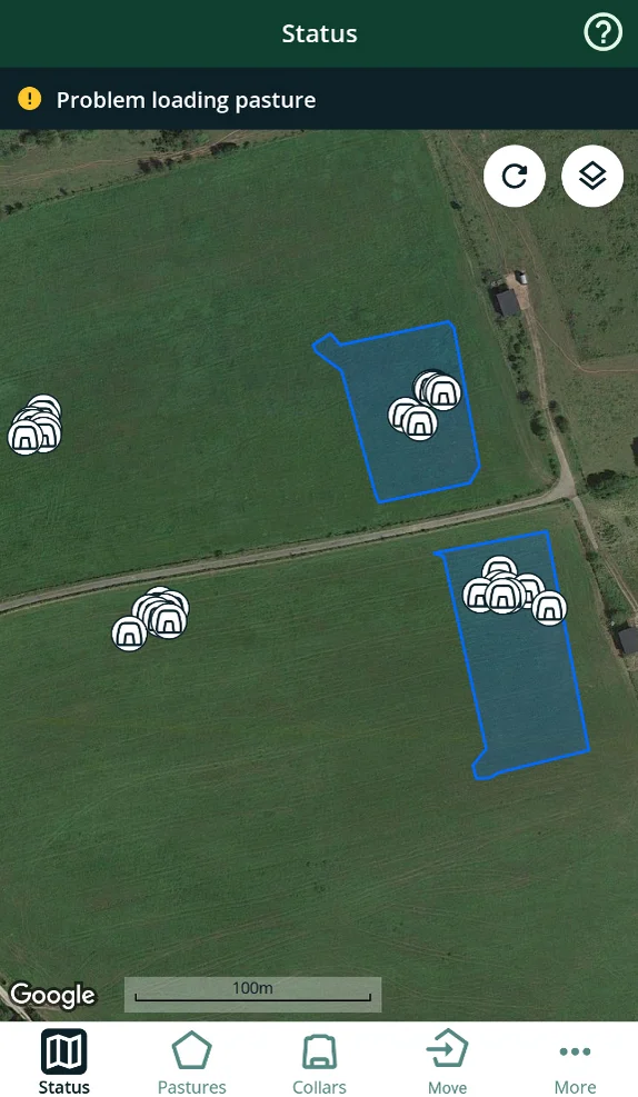 Screenshot einer Virtual fencing-App. Weiße Punkt zeigen den Aufenthaltsort der Tiere. Klick führt zu Großansicht in einer Lightbox. Zum Schließen der Lightbox ESC drücken.