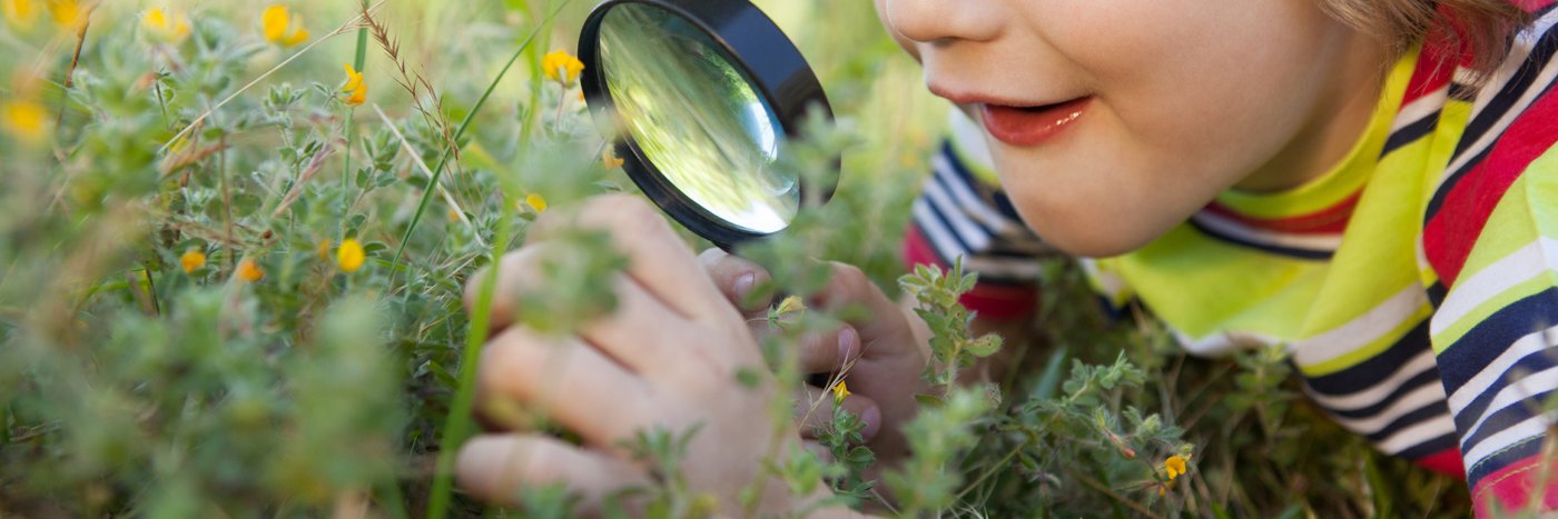 Kind liegt mit Lupe in der Natur. Foto: GettyImages, Wavebreakmedia