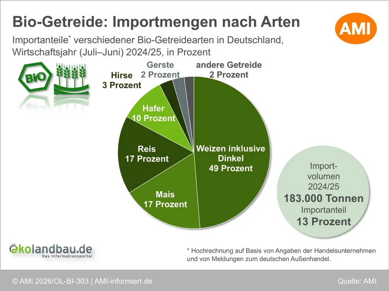 Das Kreisdiagramm stellt die Importanteile verschiedener Bio-Getreidearten in Deutschland im Wirtschaftsjahr 2024/25 dar. Den größten Anteil hat Weizen inklusive Dinkel.