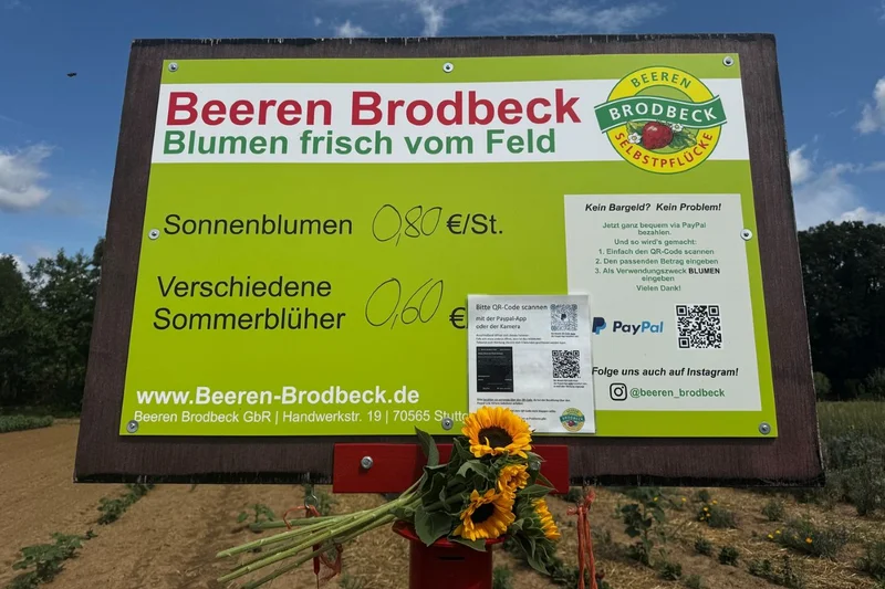 Schild auf Blumenfeld.