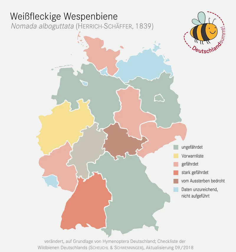 Verbreitungskarte der Weißfleckigen-Wespenbiene. Klick führt zu Großansicht in einer Lightbox. Zum Schließen der Lightbox ESC drücken.