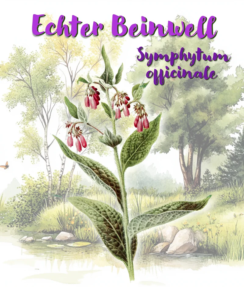 Grafische Zeichnung eines Echten Beinwells mit violetten Blüten. Klick führt zu Großansicht.