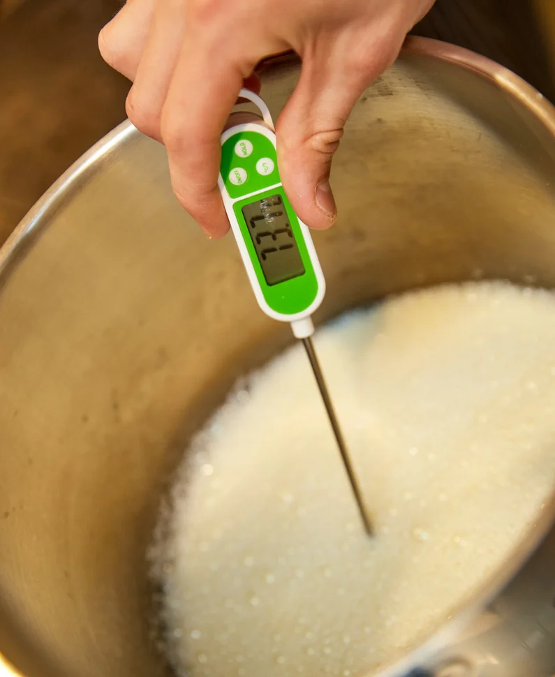 Temperatur der Sojamilch mit Themometer messen. Klick führt zu Großansicht in neuem Fenster.
