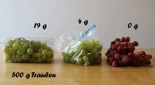 Trauben unverpackt, in der Schale und im Beutel. Klick führt zu Großansicht im neuen Fenster.