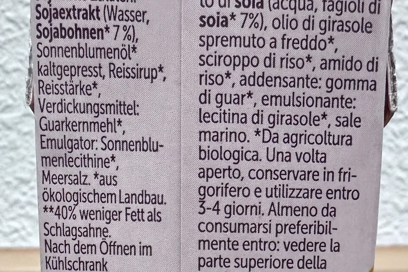 Zutatenliste Sojasahne
